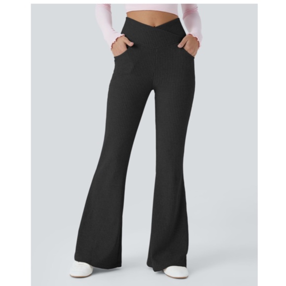 HALARA Ribbed Knit Crossover High Waisted Pocket Casual Flare Pants Small Black - Picture 3 of 15